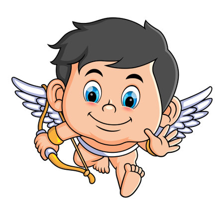 The cute cupid boy is flying and waving the hand of illustrationのイラスト素材