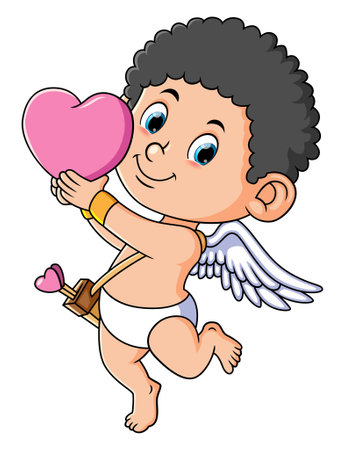 The curly cupid is raising a big heart love in the romantic day of illustrationのイラスト素材