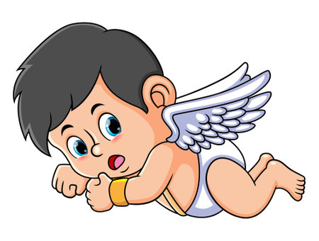 The cupid boy is flying and showing the shock expression of illustrationのイラスト素材