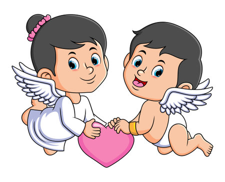 The couple cupid is holding love together and flying of illustrationのイラスト素材