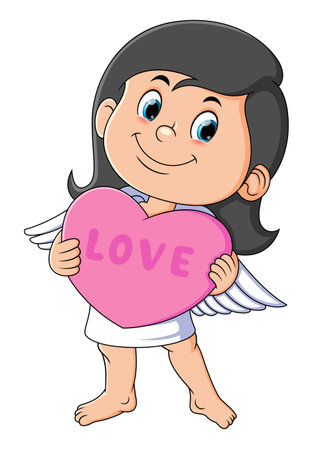 The cute angel girl is standing and holding the love doll of illustrationのイラスト素材