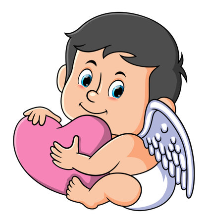 The cute cupid is hugging a big love and looking at camera of illustrationのイラスト素材