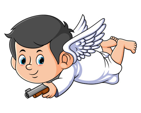 The cupid boy is holding the gun for shoot the heart of illustrationのイラスト素材