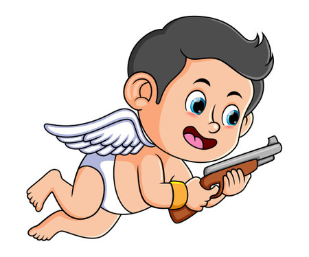 The happy cupid is flying and holding the shoot gun of illustrationのイラスト素材