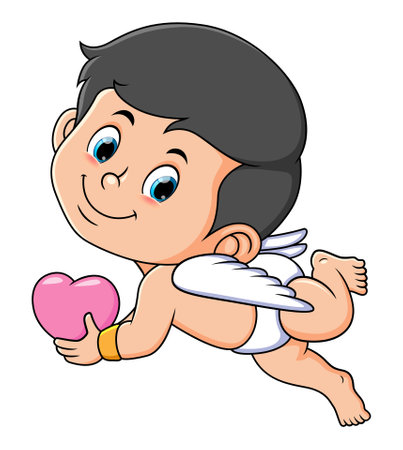 The cute cupid boy is flying and holding the love sign of illustrationのイラスト素材