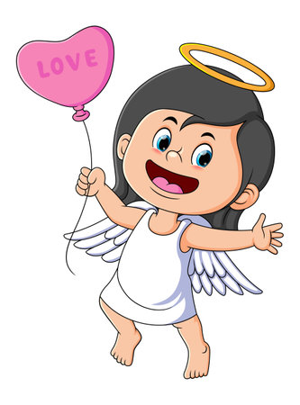 The little angel girl is holding the love balloon of illustrationのイラスト素材