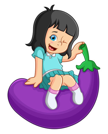 A cute girl happily sits on top of a large eggplant of illustrationのイラスト素材