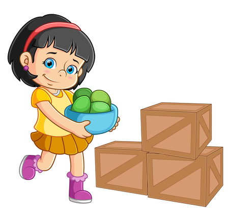 A beautiful girl is carrying many fresh mangoes of illustrationのイラスト素材