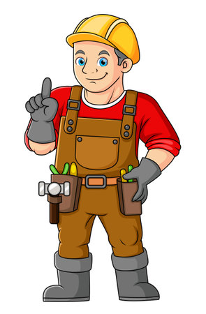 A man working as a construction worker is posing giving a thumbs up of illustrationのイラスト素材