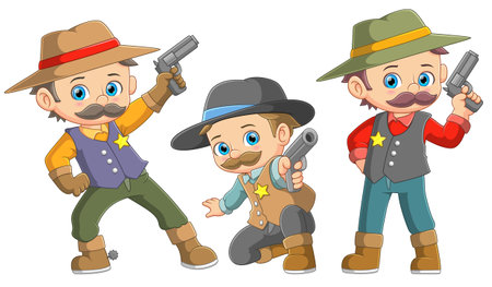 Three identical twin cowboys posing with gun of illustrationのイラスト素材