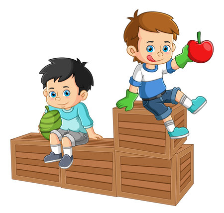 Two boys sitting on top of a fruit crate holding fresh watermelon and apple fruits of illustrationのイラスト素材