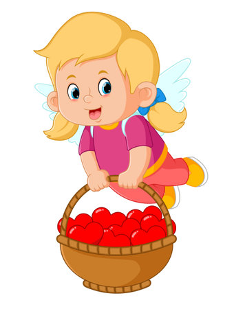 cute girls flew and brought a big basket filled with lots of red valentine hearts of illustrationのイラスト素材