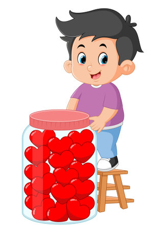 cute boys put lots of red valentine heart cookies in a big jar of illustrationのイラスト素材