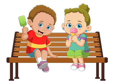A boy and girl sitting on park chairs eating ice cream of illustrationのイラスト素材