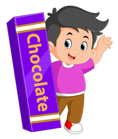 cute boys are posing with a huge chocolate on valentine's day of illustrationのイラスト素材
