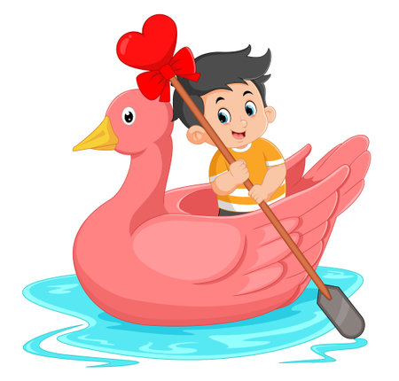 cute boys are rowing on a swan-shaped boat of illustrationのイラスト素材