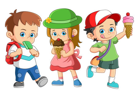 Students happily returning from school receiving a free ice cream distribution of illustrationのイラスト素材