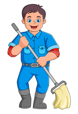 A young man works as a cleaning service with a floor cleaning tool of illustrationのイラスト素材