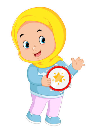 a Muslim girl is happy by playing the tambourine of illustrationのイラスト素材