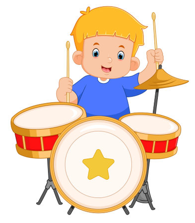 a cute boy enthusiastically plays a drum set of illustrationのイラスト素材