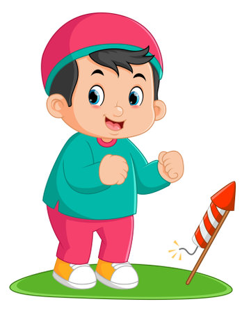 a Muslim boy happy by setting off big fireworks of illustrationのイラスト素材