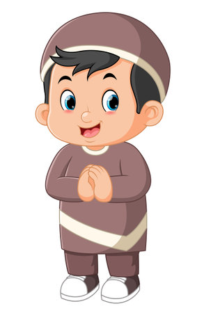 a cute Muslim boy is posing to say hello of illustrationのイラスト素材