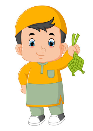 a cute Muslim boy is holding ketupat or rice dumplings of illustrationのイラスト素材