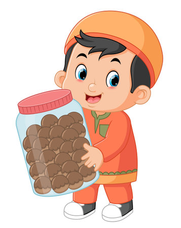a Muslim boy is happy to bring a big jar filled with chocolate cake of illustrationのイラスト素材