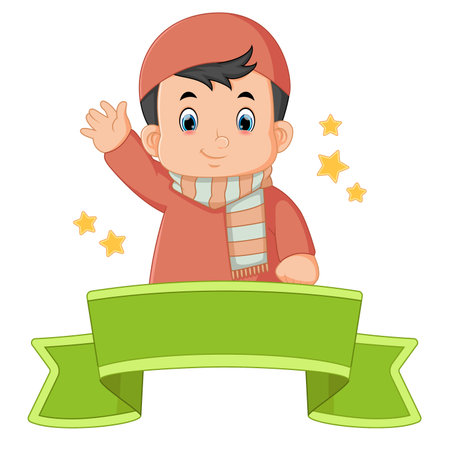 a cute Muslim boy waving a sign to say hello of illustrationのイラスト素材