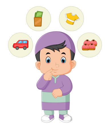 a Muslim boy was confused about choosing an idea for an Eid gift of illustrationのイラスト素材