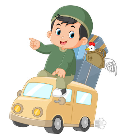 a Muslim boy is happy to come home to welcome Eid al-Fitr of illustrationのイラスト素材