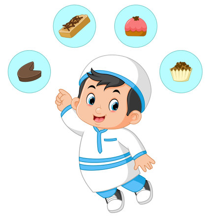 a Muslim boy is excited to choose a cake for Eid Al-Fitr of illustrationのイラスト素材
