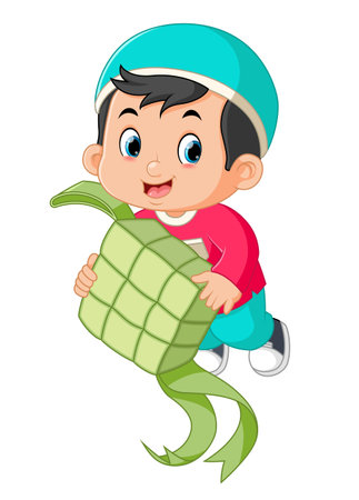 a Muslim boy was excited and jumped holding a big rice dumplings of illustrationのイラスト素材