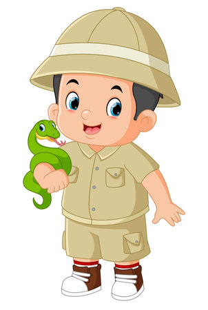 an adventurous boy posing with a green snake of illustrationのイラスト素材