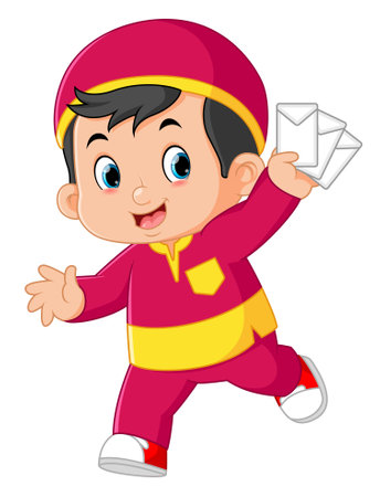 a Muslim boy is happy to get lots of envelopes filled with money of illustrationのイラスト素材