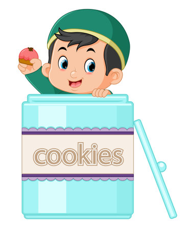 a cute Muslim boy gave a surprise by coming out of a big jar of cookies of illustrationのイラスト素材