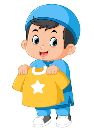 a Muslim boy is happy to get a new t-shirt as a gift of illustrationのイラスト素材