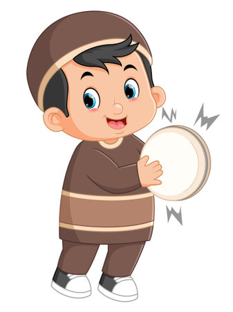 an excited Muslim boy is beating a tambourine of illustrationのイラスト素材