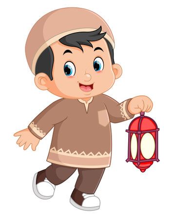 a smiling Muslim boy walking the streets and carrying a small lantern of illustrationのイラスト素材