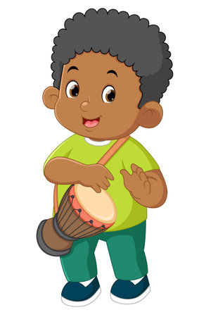 a cute african boy learns to play the bongo instrument of illustrationのイラスト素材