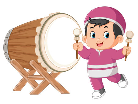 an excited Muslim boy beating a big drum of illustrationのイラスト素材
