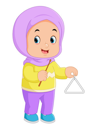 a Muslim girl playing with a triangle bell of illustrationのイラスト素材