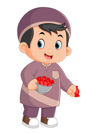 a cute muslim boy brings a big bowl and distributes lots of candy of illustrationのイラスト素材
