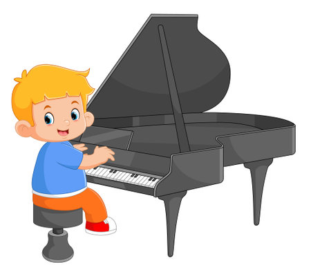 a cute boy is learning to play the piano of illustrationのイラスト素材