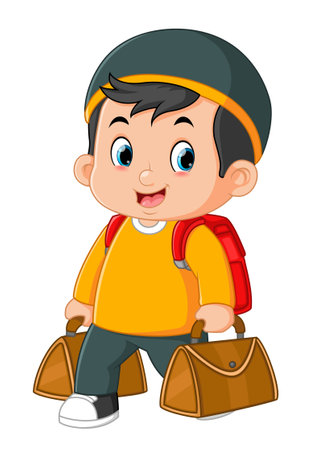 a Muslim boy is happy to travel out of town with lots of bags of illustrationのイラスト素材