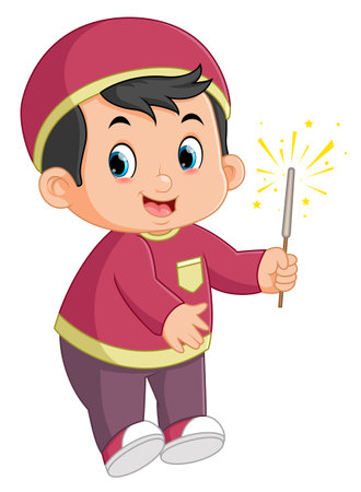 a happy Muslim boy is holding a firework of illustrationのイラスト素材