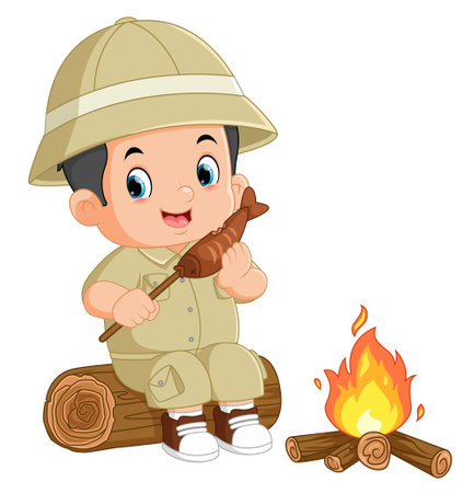 an adventurous boy sits on a fallen tree and is eating grilled fish in front of a bonfire of illustrationのイラスト素材