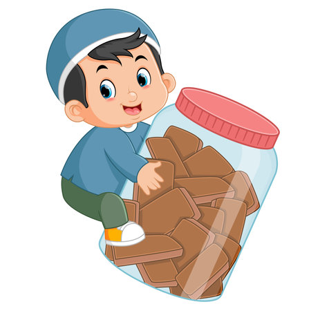 a Muslim boy is happy to get lots of chocolate cakes in a big jar of illustrationのイラスト素材