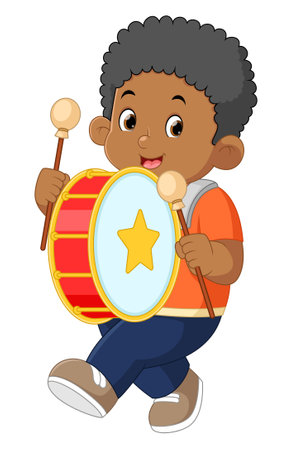 a happy african boy playing a big drum musical instrument of illustrationのイラスト素材