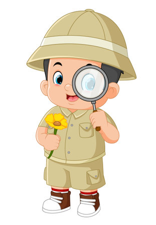an adventurous boy is observing sunflowers with a magnifying glass of illustrationのイラスト素材
